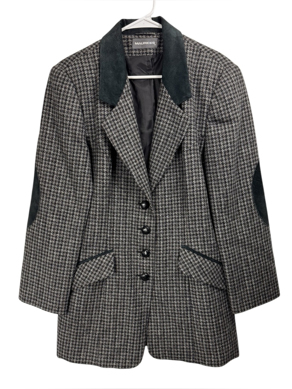 Vintage 90s Maurices Size Medium Tweed Blazer Suede Collar Jacket Patch Elbows